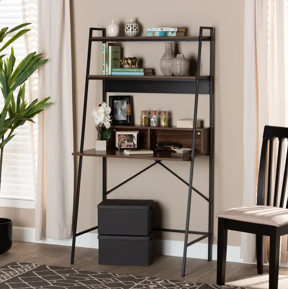 Baxton Studio Palmira Industrial Walnut Brown Finished Wood and Metal Desk with Shelves