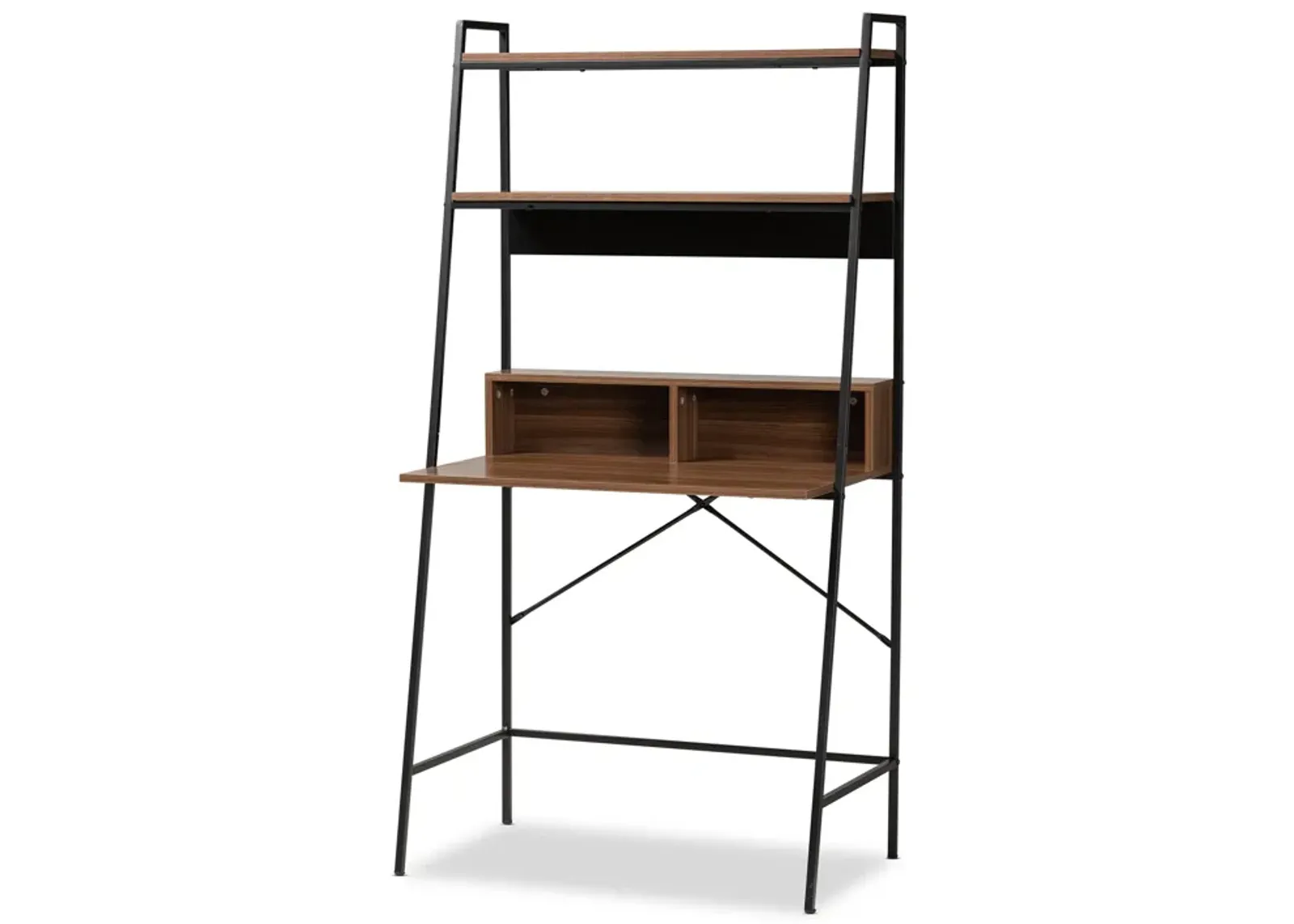 Baxton Studio Palmira Industrial Walnut Brown Finished Wood and Metal Desk with Shelves