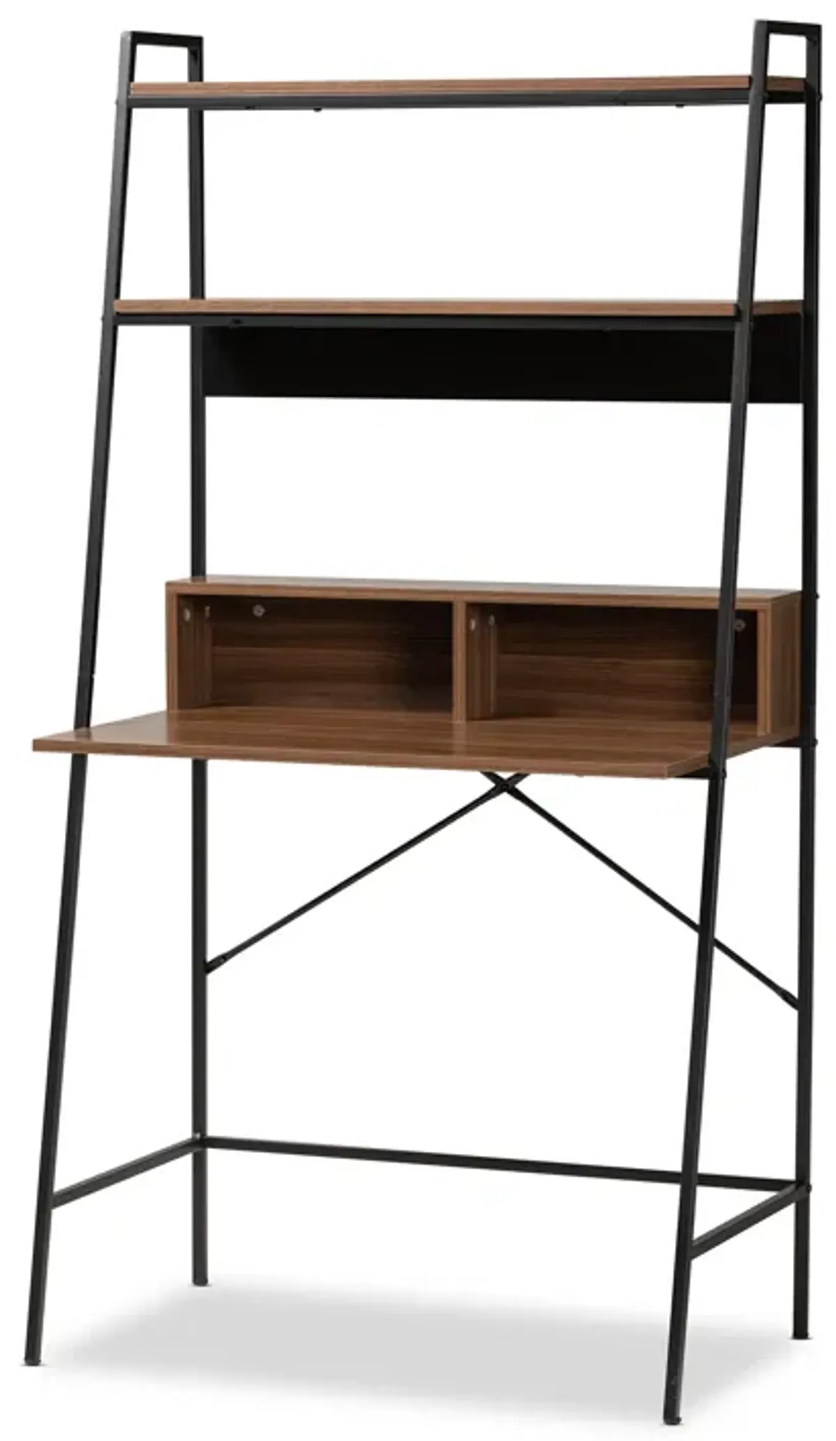 Baxton Studio Palmira Industrial Walnut Brown Finished Wood and Metal Desk with Shelves