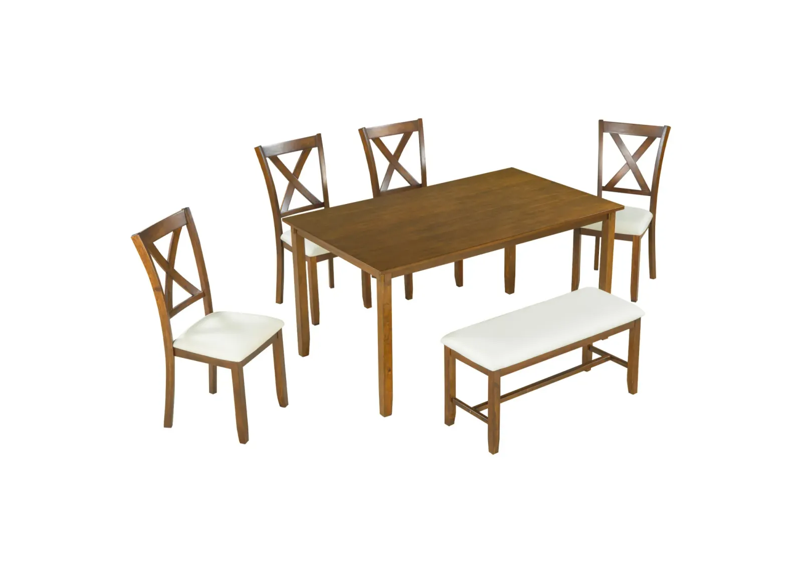 6-Piece Kitchen Dining Table Set Wooden Rectangular Dining Table, 4 Fabric Chairs and Bench