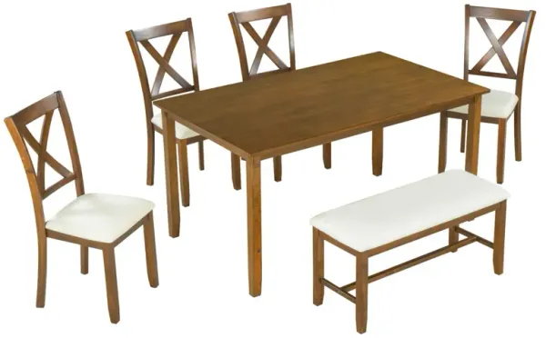 6-Piece Kitchen Dining Table Set Wooden Rectangular Dining Table, 4 Fabric Chairs and Bench
