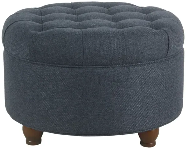Fabric Upholstered Wooden Ottoman with Tufted Lift Off Lid Storage, Navy Blue-Benzara