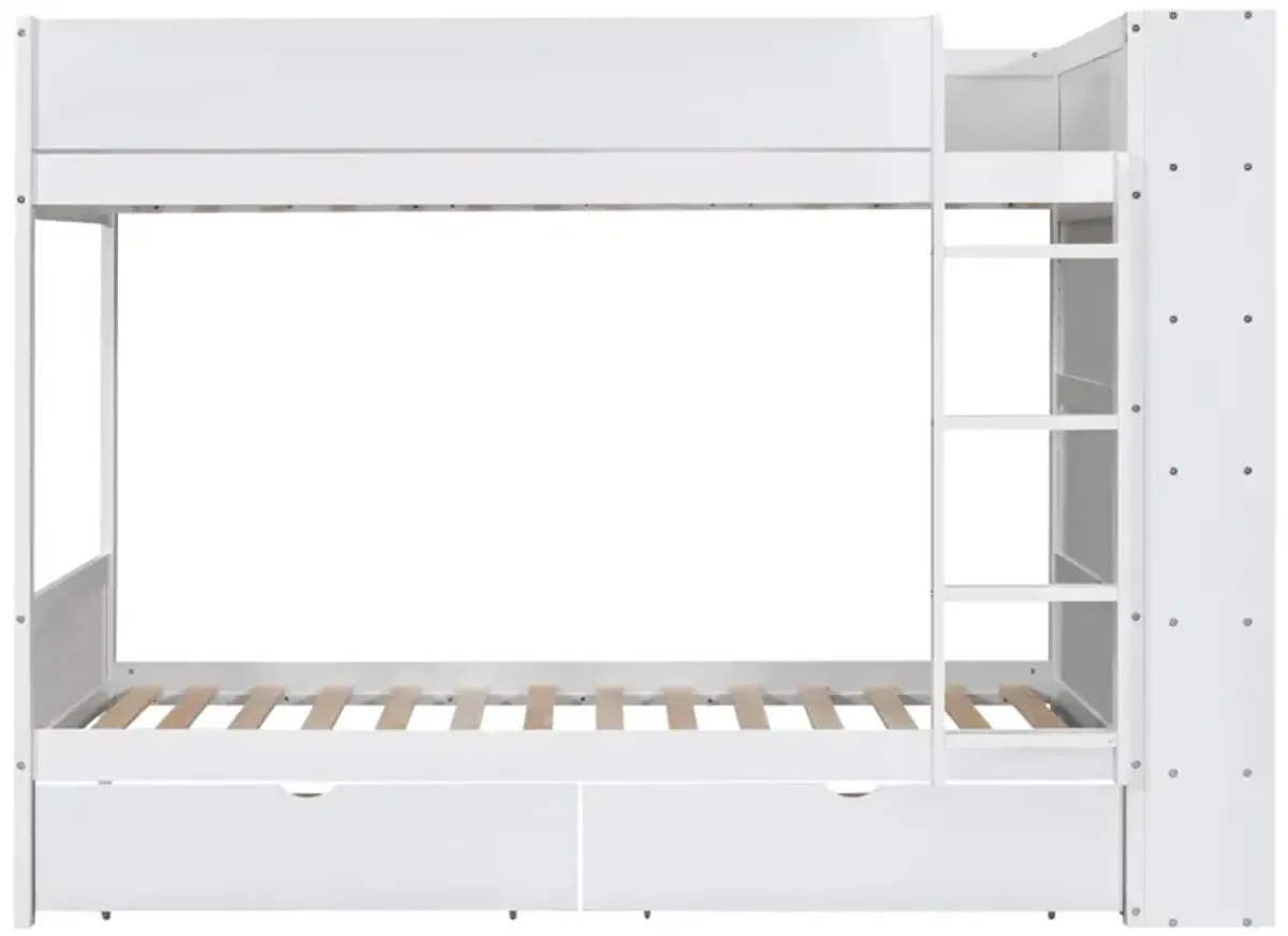 Twin Over Twin Bunk Bed With 2 Drawers And Multilayer Cabinet, White