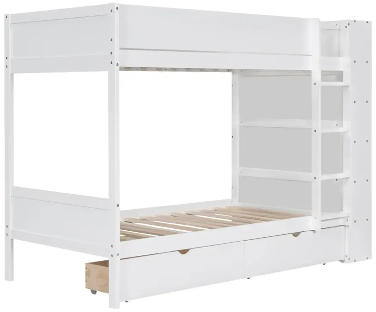 Twin Over Twin Bunk Bed With 2 Drawers And Multilayer Cabinet, White