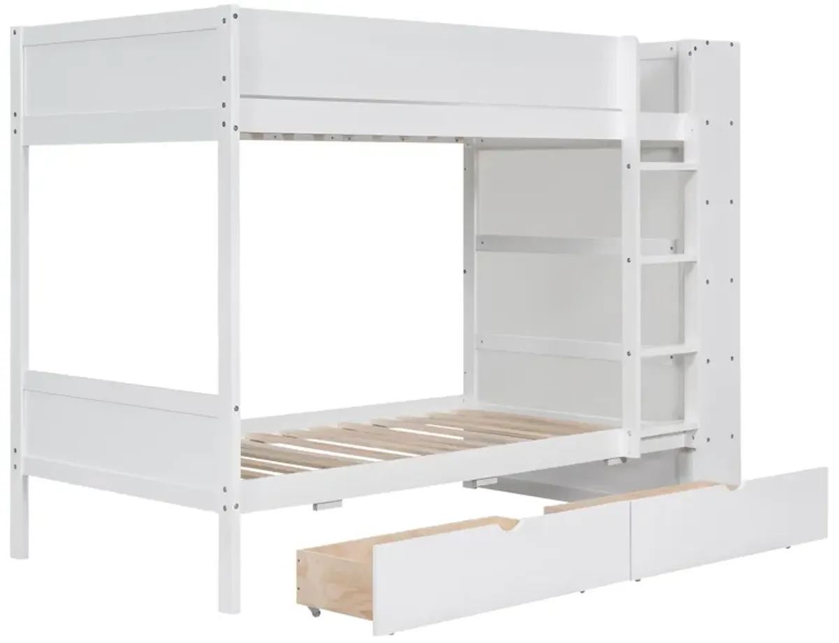 Twin Over Twin Bunk Bed With 2 Drawers And Multilayer Cabinet, White