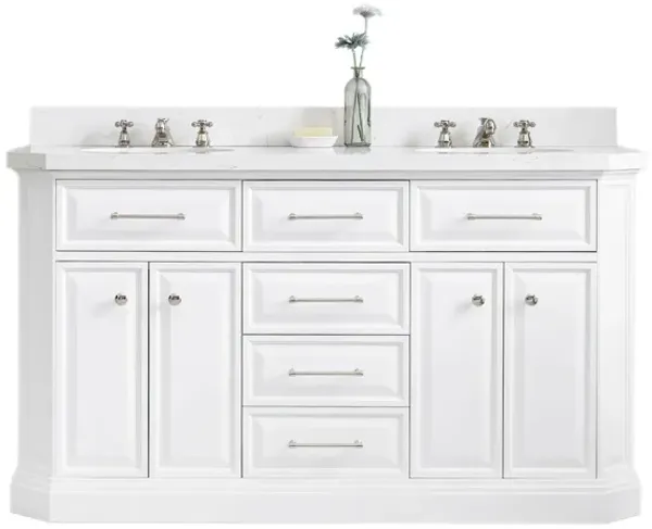 Palace 60 In. Double Sink Carrara Quartz Countertop Bath Vanity in Pure White with Polished Nickel (PVD) Hardware