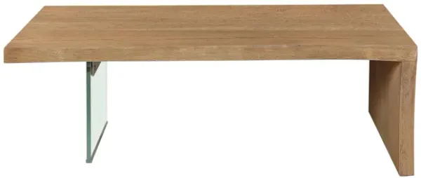 Uvi 54 Inch Coffee Table, Transparent Glass Leg, Waterfall Edge, Brown - Benzara