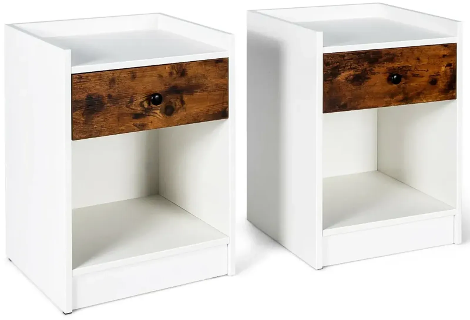 Set of 2 Nightstand with Drawer Cabinet End Side Table Raised Top