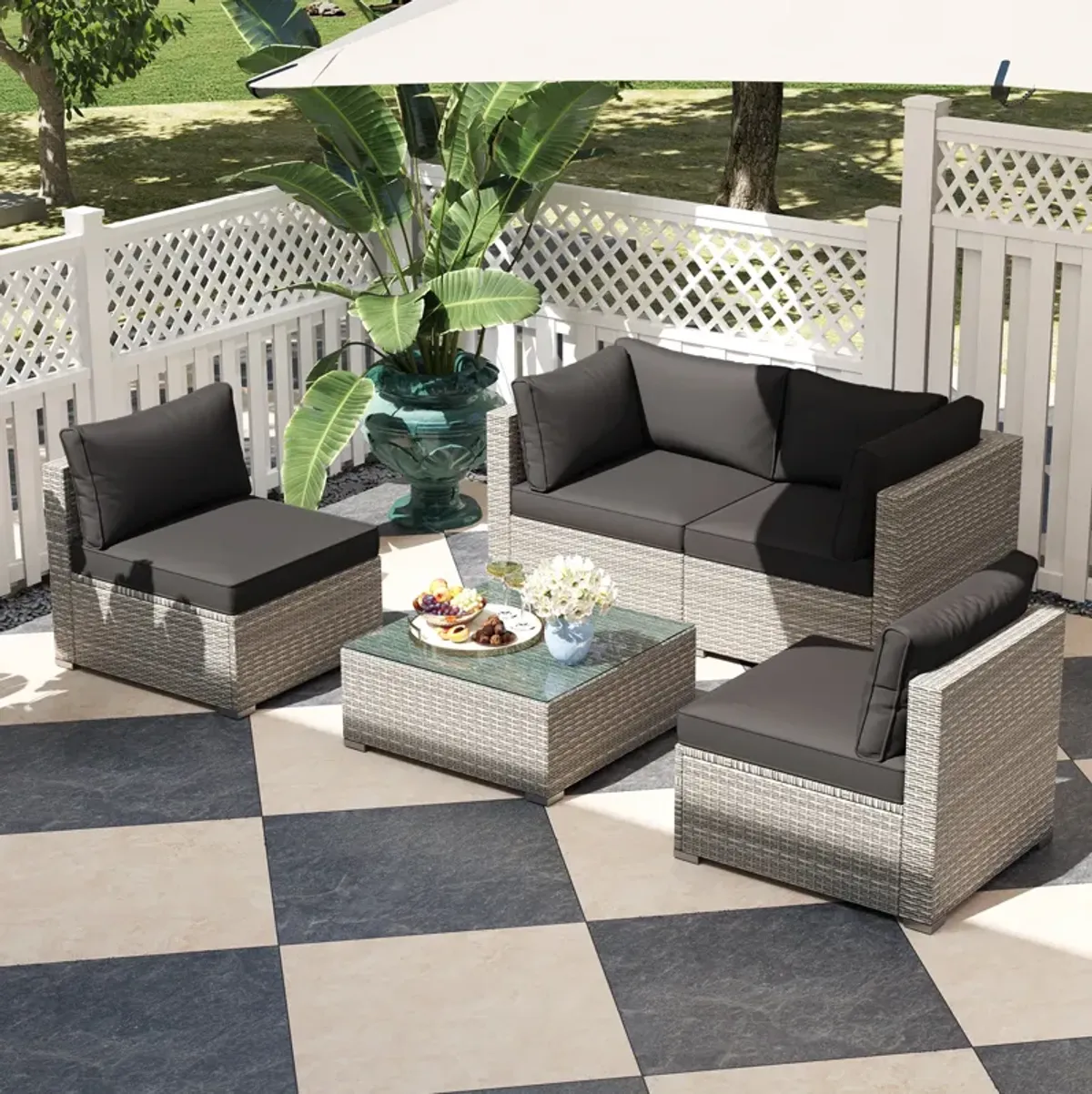5-Piece Outdoor Patio Sectional Sofa Couch and Glass Coffee Table with Cushions