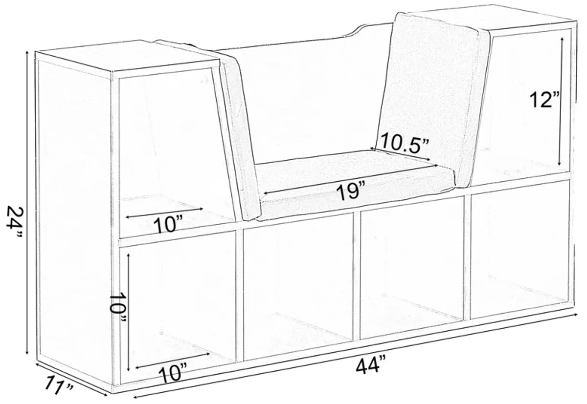 White Modern Multi-Purpose Bookshelf with Storage Space and Gray Cushioned Reading Nook