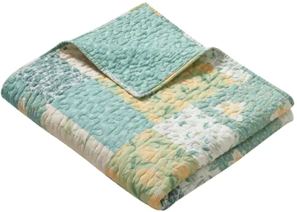 Evane Quilted Throw Blanket with Floral Design, Mist Blue and White Cotton