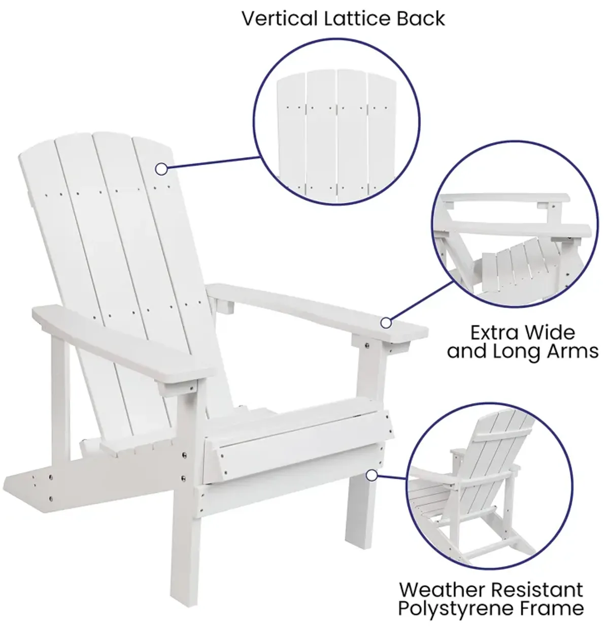 Flash Furniture Charlestown Commercial Grade Indoor/Outdoor Adirondack Chair, Weather Resistant Durable Poly Resin Deck and Patio Seating, White