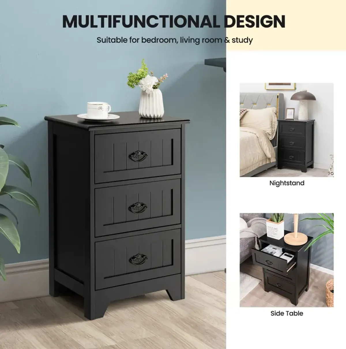 3 Drawers End Storage Wood Side Nightstand