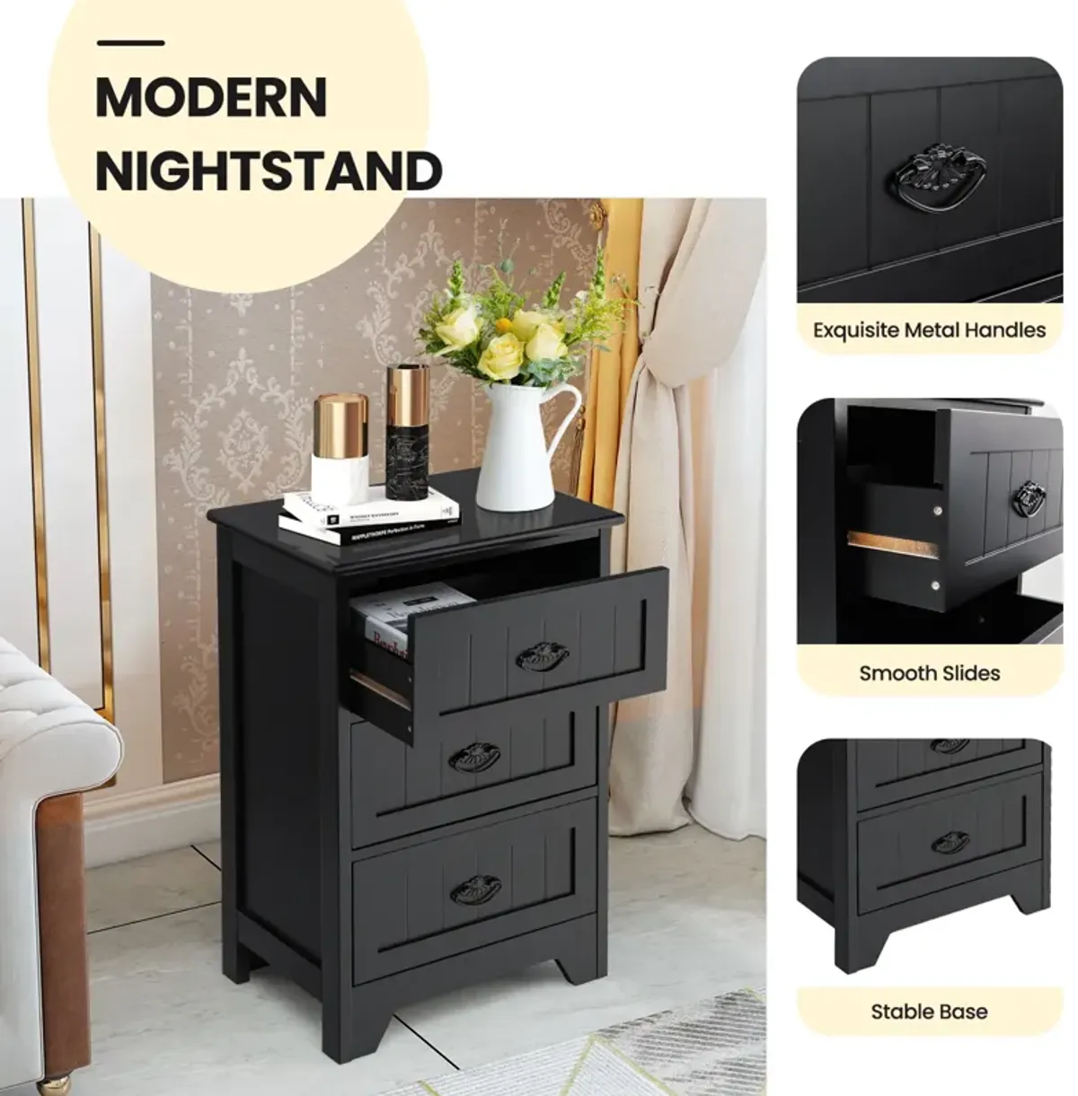 3 Drawers End Storage Wood Side Nightstand