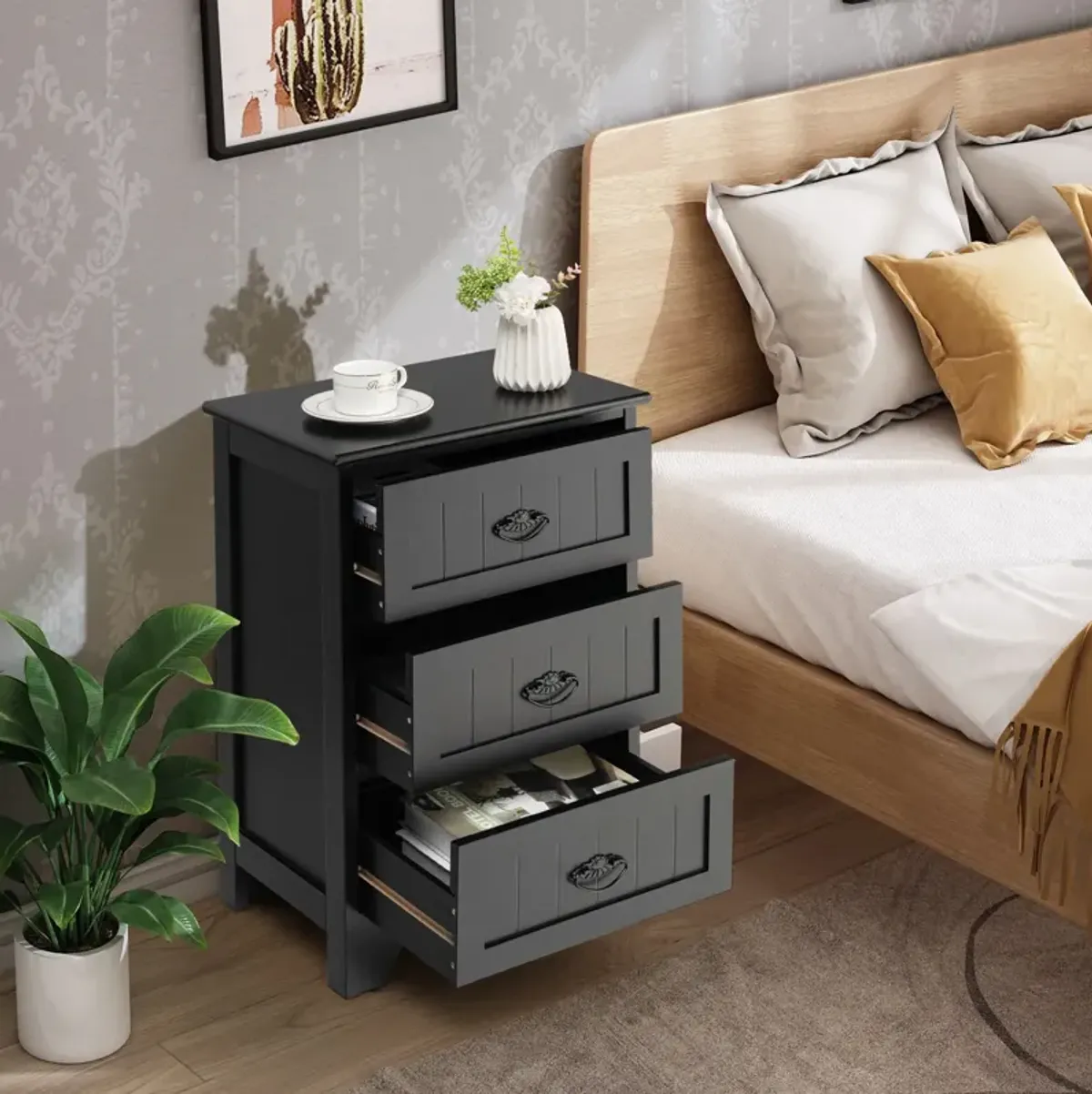 3 Drawers End Storage Wood Side Nightstand