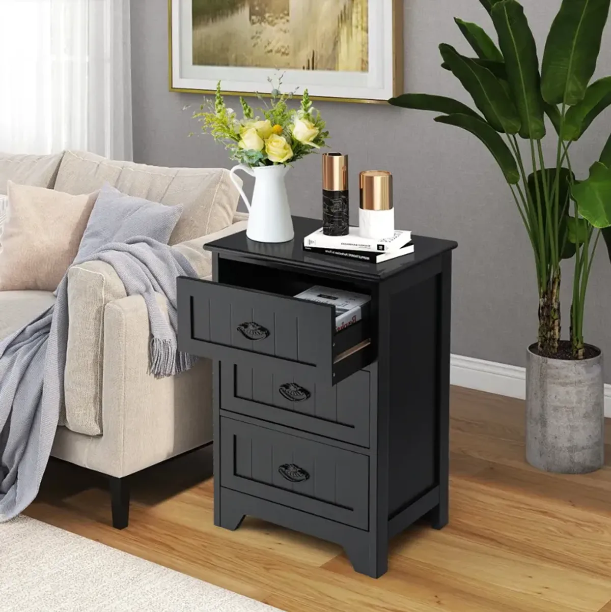 3 Drawers End Storage Wood Side Nightstand