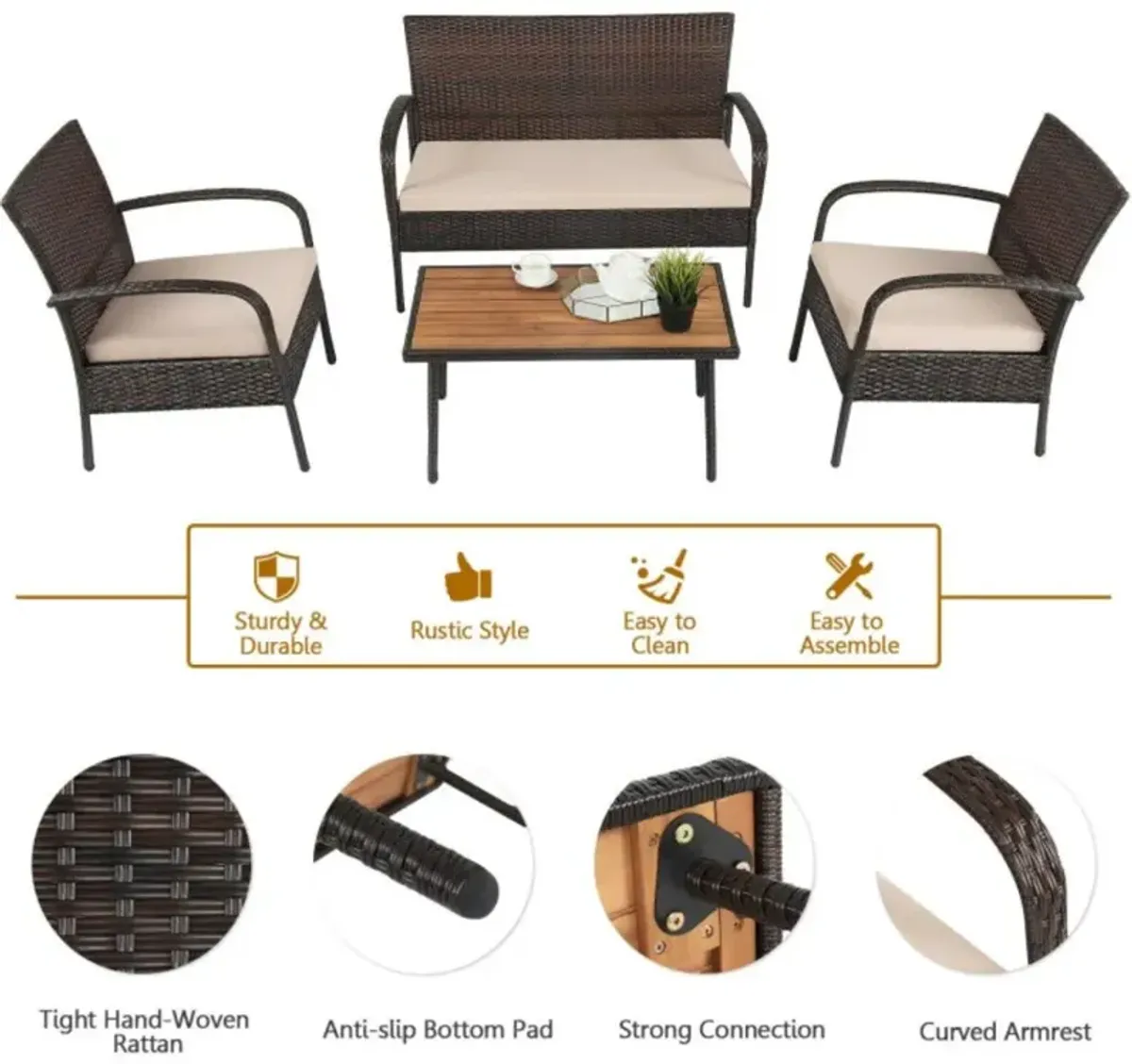 Hivvago 4 Pieces Patio Cushioned Wicker Conversation Set with Acacia Wood Tabletop