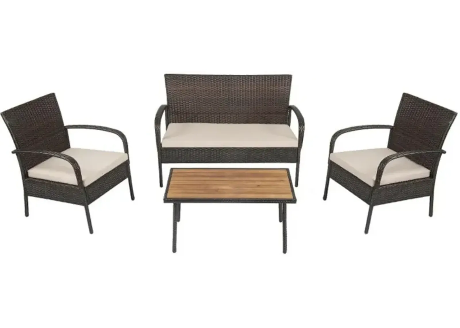 Hivvago 4 Pieces Patio Cushioned Wicker Conversation Set with Acacia Wood Tabletop