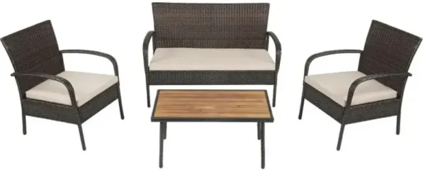 Hivvago 4 Pieces Patio Cushioned Wicker Conversation Set with Acacia Wood Tabletop