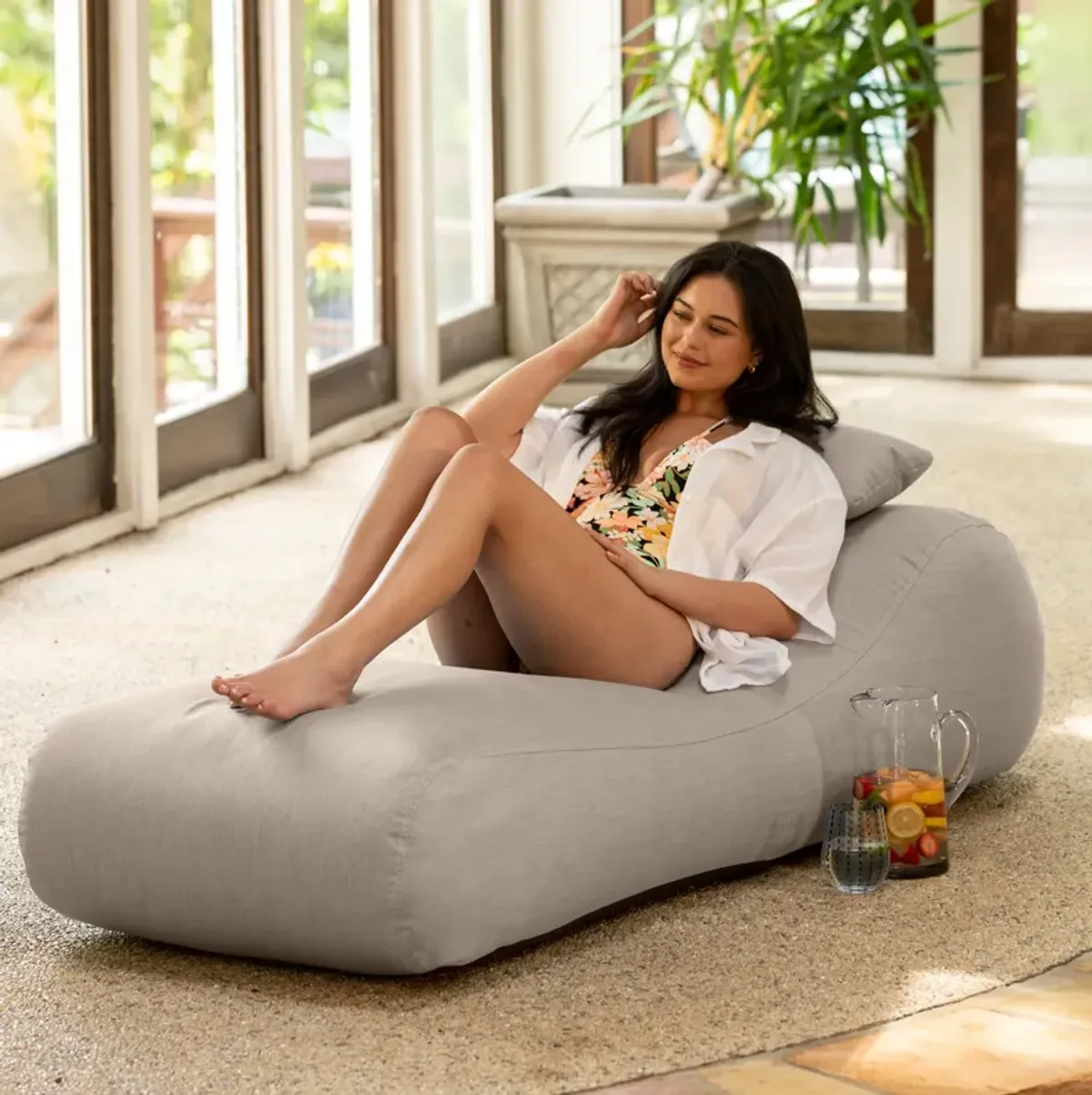 Arlo Outdoor Bean Bag Sun Lounger - Pool and Patio Chaise Bean Bag Lounger, Petal