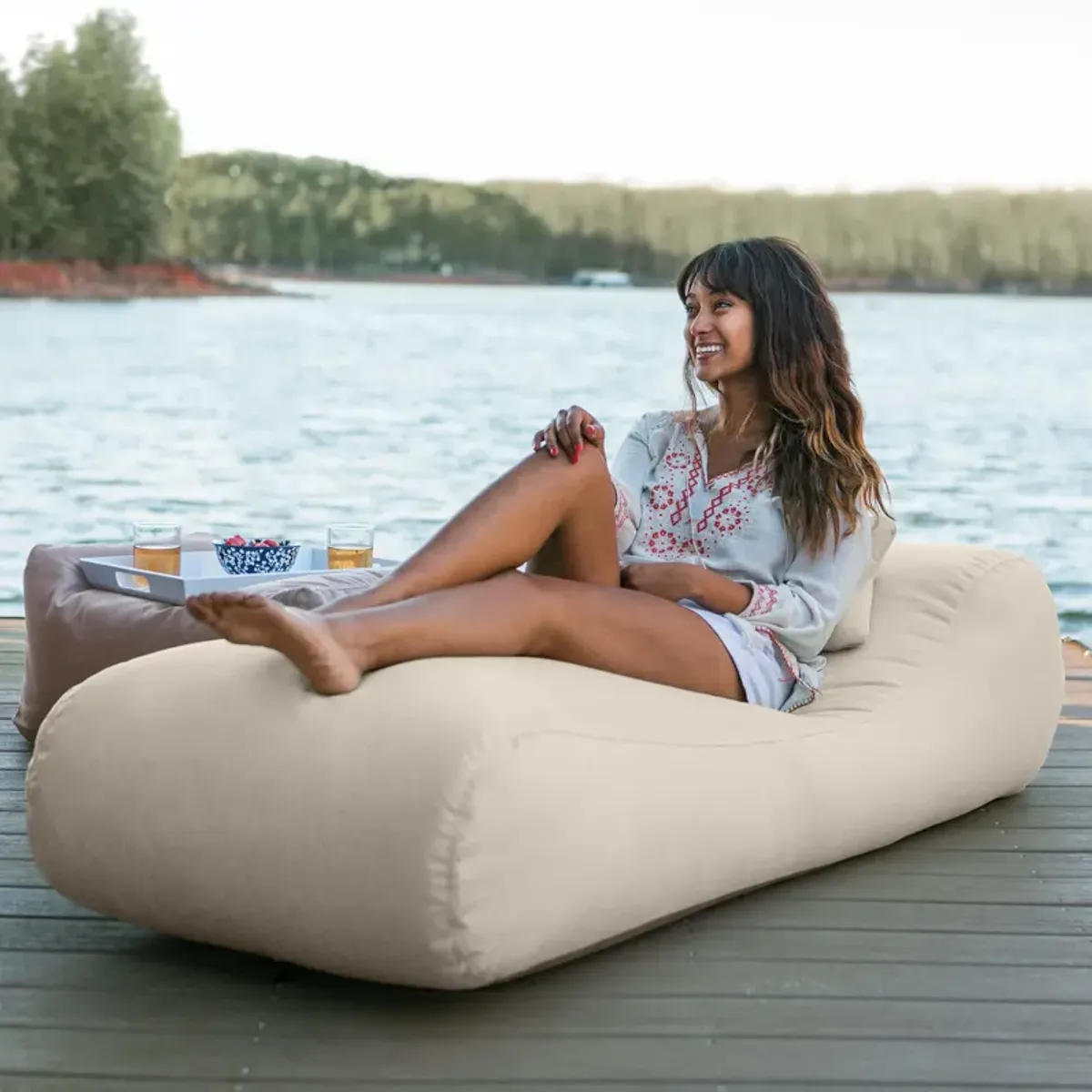 Arlo Outdoor Bean Bag Sun Lounger - Pool and Patio Chaise Bean Bag Lounger, Petal