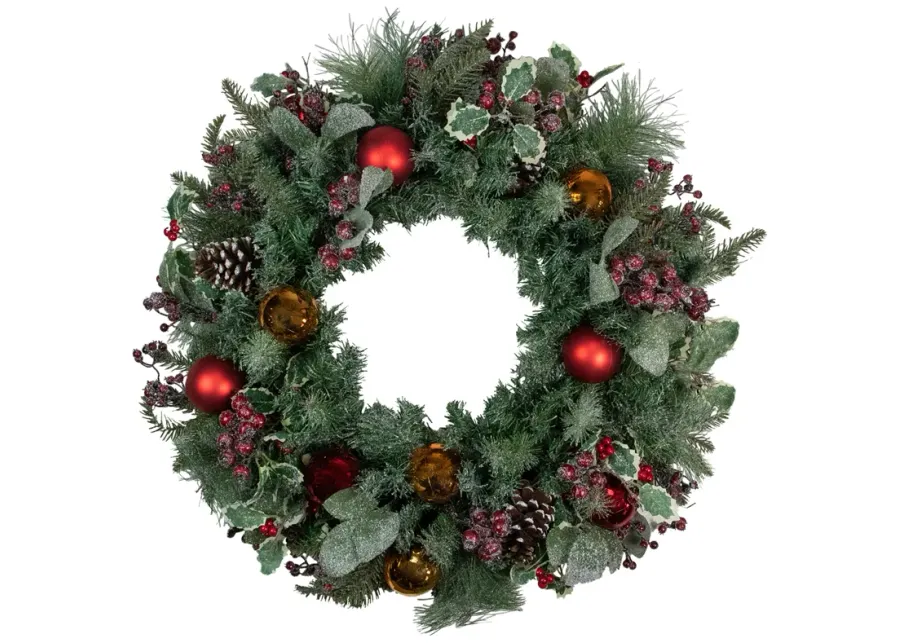 Frosted Long Needle Pine and Ornaments Artificial Christmas Wreath  32-Inch