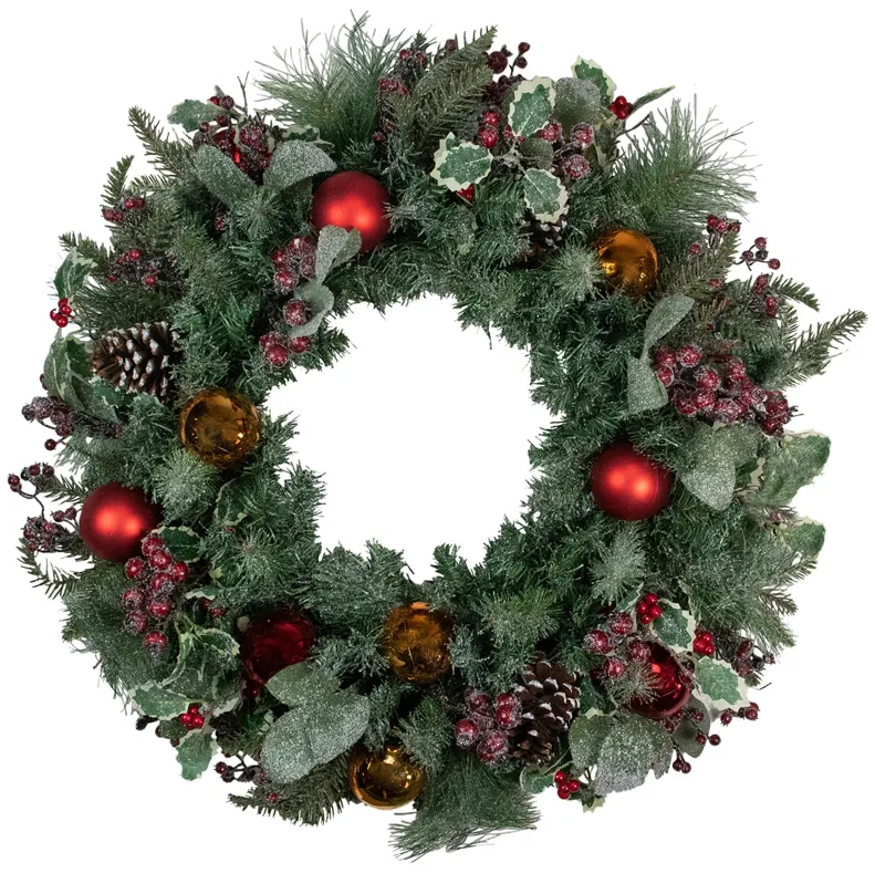 Frosted Long Needle Pine and Ornaments Artificial Christmas Wreath  32-Inch