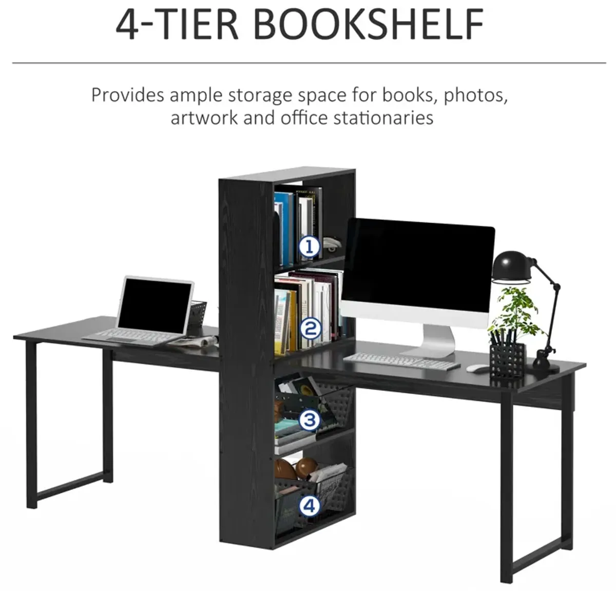 Black Shared Workspace: Extra Long 2-Person Desk with Bookshelf