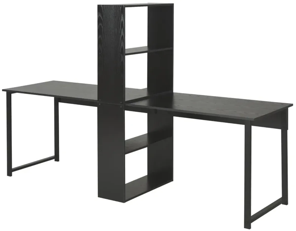 Black Shared Workspace: Extra Long 2-Person Desk with Bookshelf