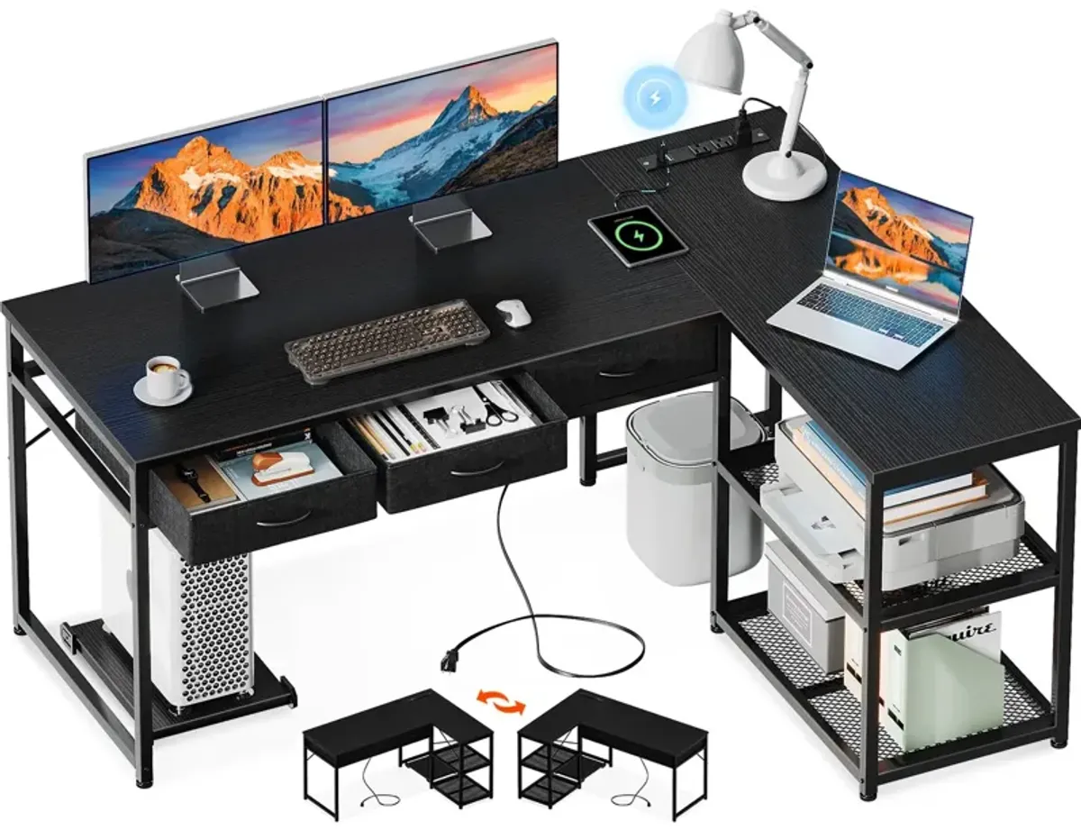 AODK 53 Inch L Shaped Computer Desk with Drawers, Corner Desk with Power Outlets & Reversible Storage Shelves, Movable CPU Stand