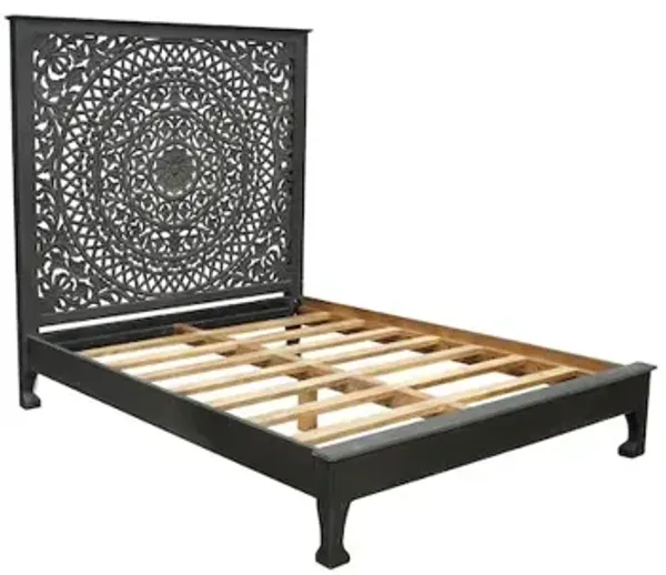 Taran Designs Auden Floral Carved Solid Wood Queen Panel Bed