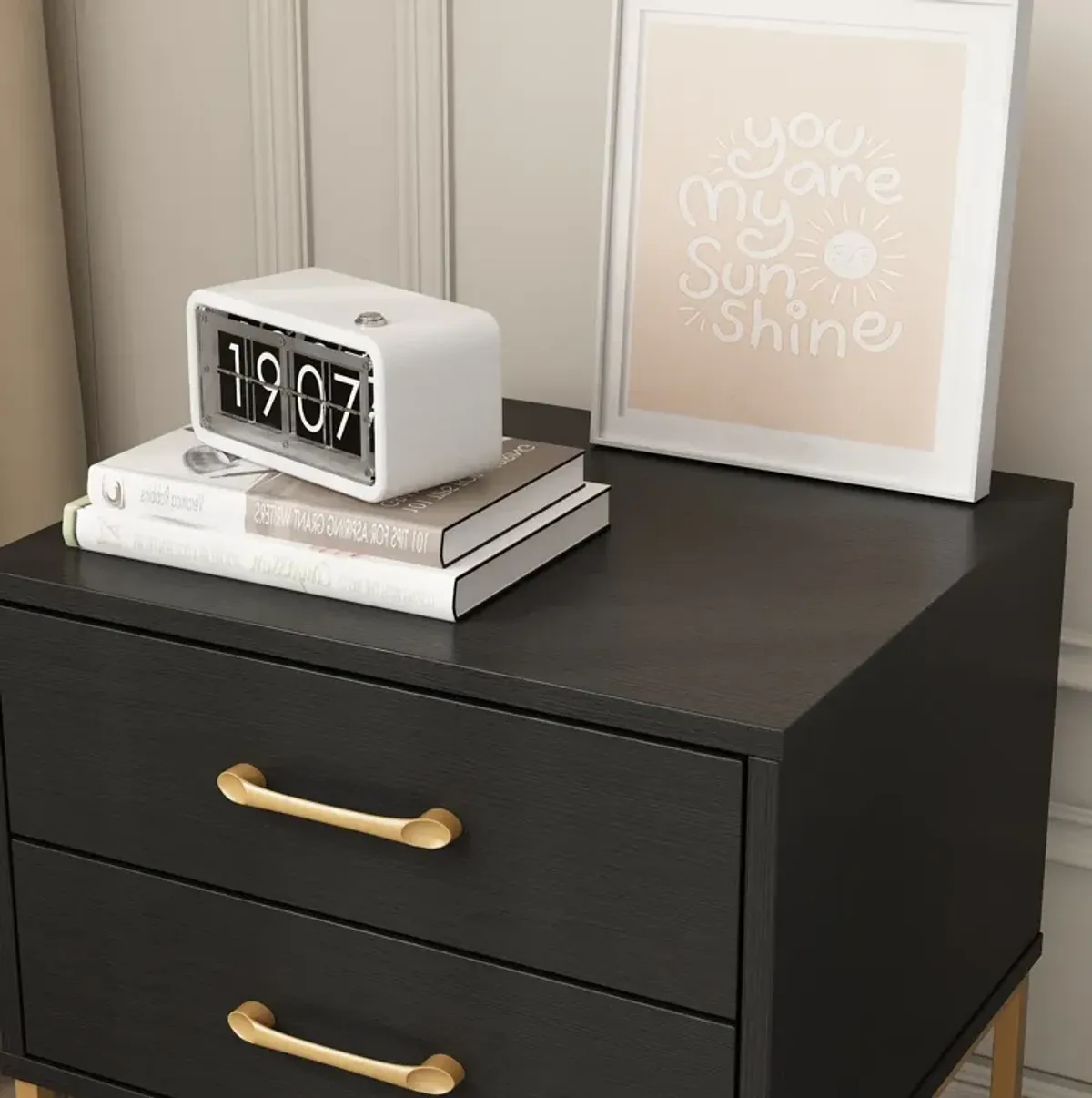 2-Drawer Black Gold Wood Nightstand With Metal Legs, Side Table Bedside Table 22.8"H x 17.7"W x 15.7"D