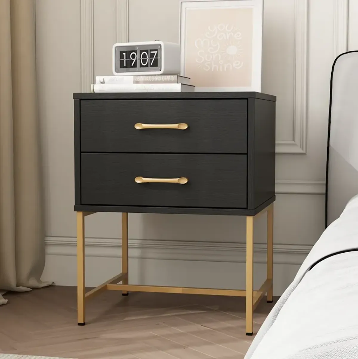 2-Drawer Black Gold Wood Nightstand With Metal Legs, Side Table Bedside Table 22.8"H x 17.7"W x 15.7"D