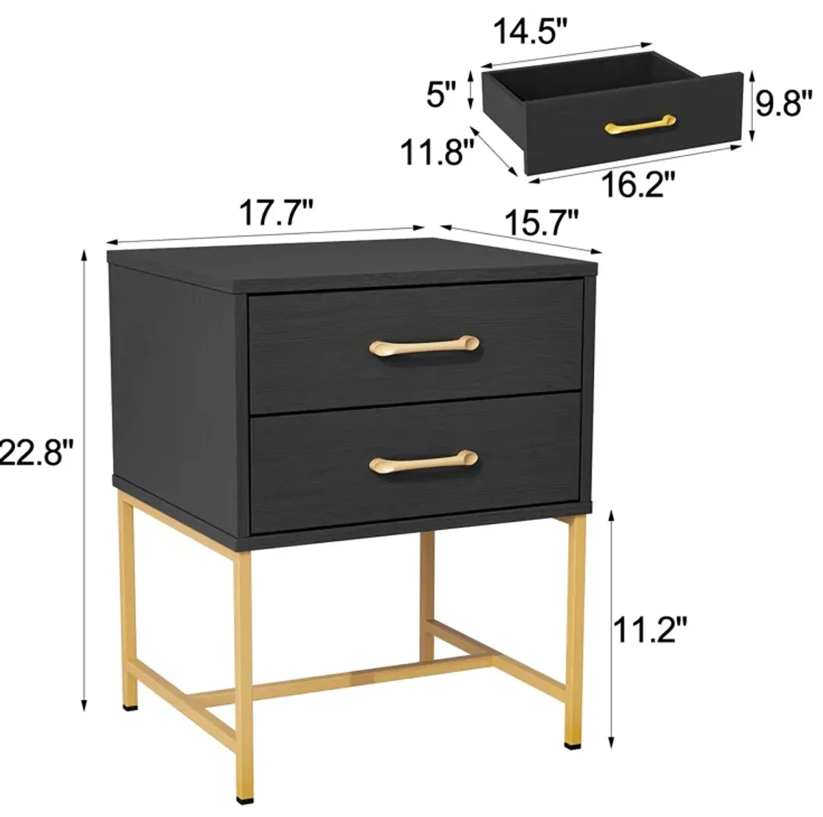 2-Drawer Black Gold Wood Nightstand With Metal Legs, Side Table Bedside Table 22.8"H x 17.7"W x 15.7"D