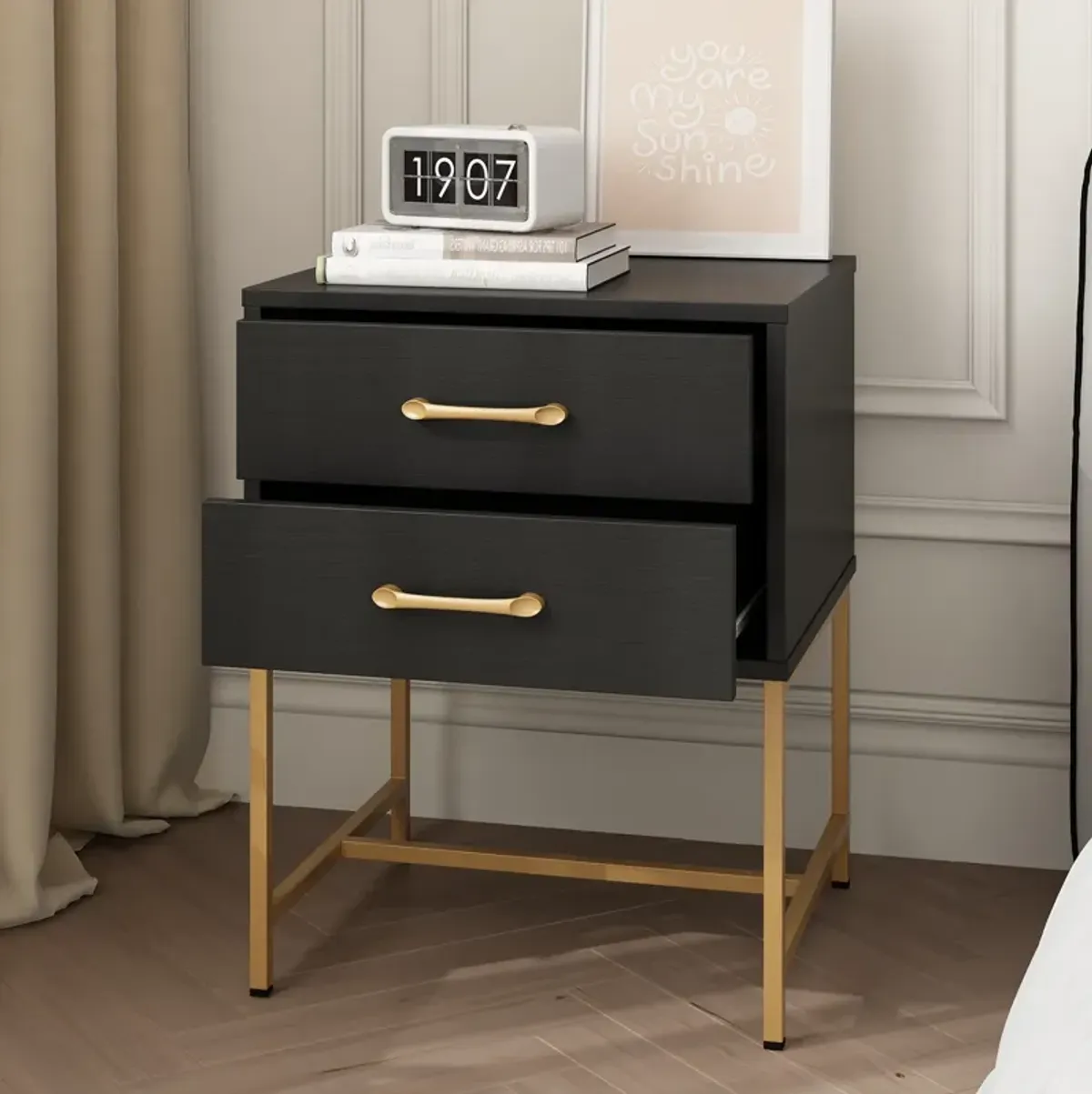 2-Drawer Black Gold Wood Nightstand With Metal Legs, Side Table Bedside Table 22.8"H x 17.7"W x 15.7"D