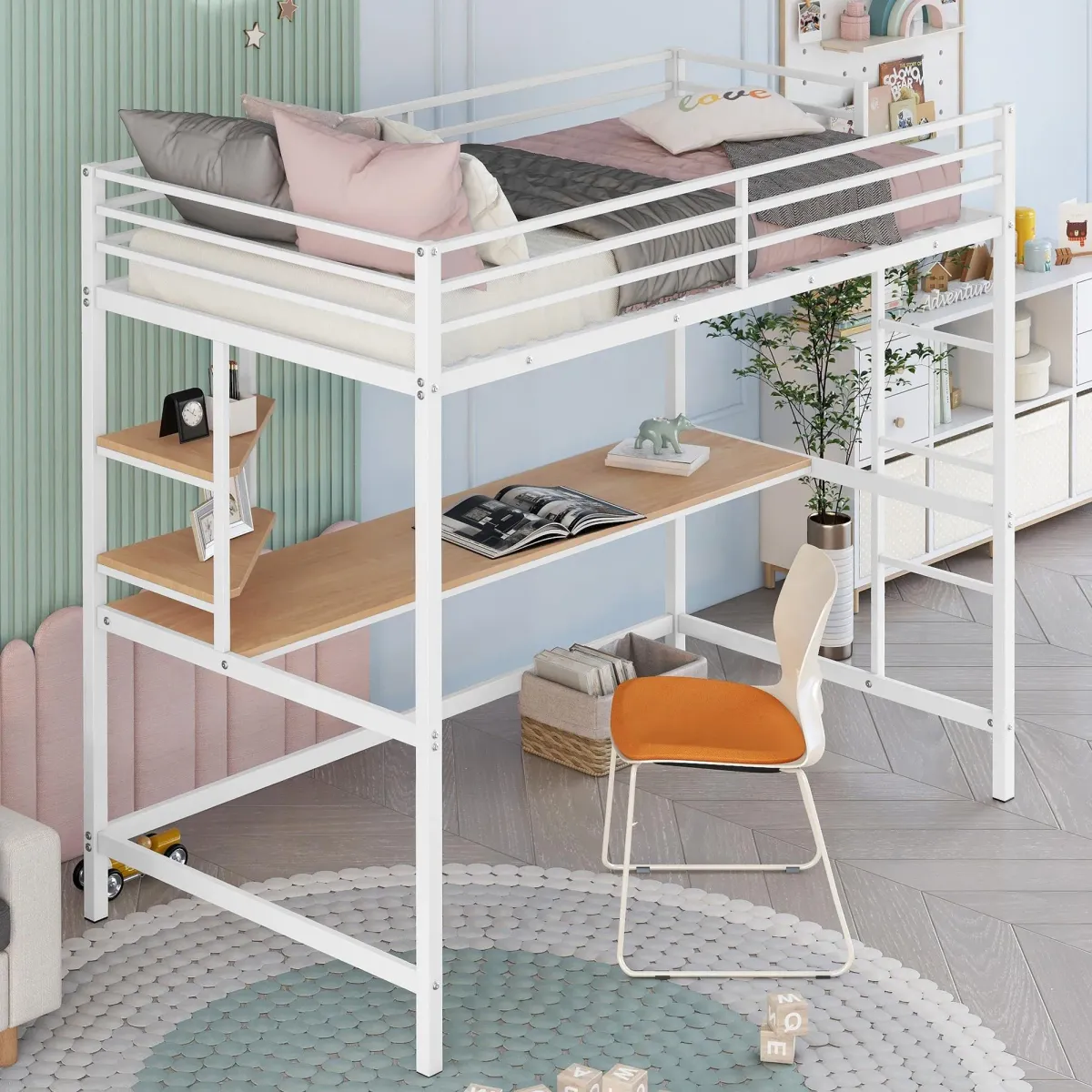 Metal Loft Bed with Desk and Shelf, Space-Saving Workstation for Kids & Teens