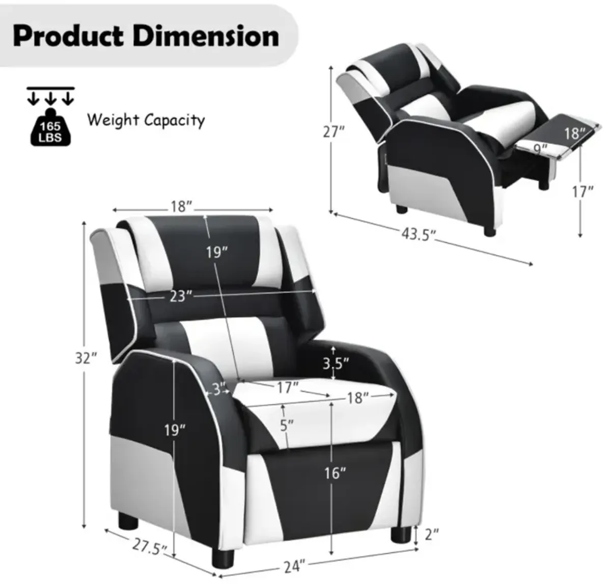 Hivvago Kids Youth PU Leather Gaming Sofa Recliner with Headrest and Footrest