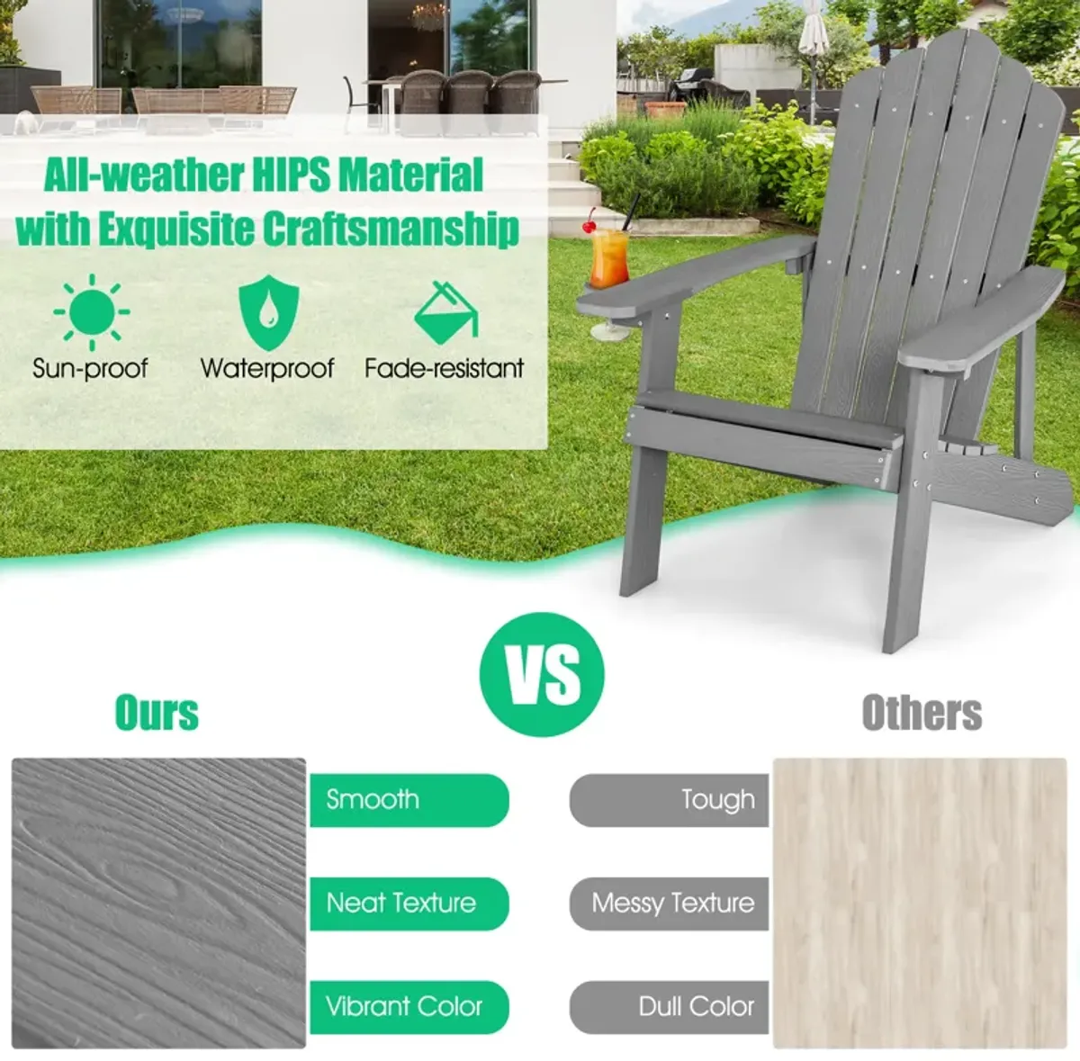 Weather Resistant HIPS Outdoor Adirondack Chair with Cup Holder