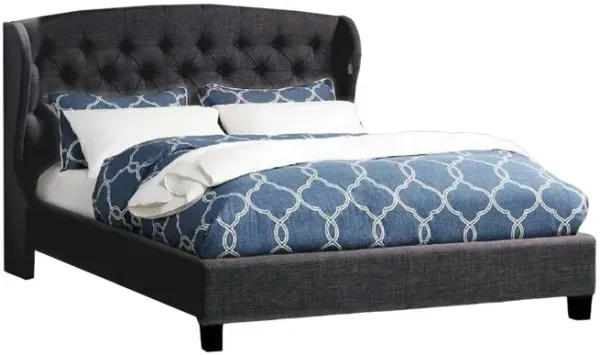 Jimi King Bed, Button Tufted Headboard, Charcoal Gray Polyester Upholstery - Benzara