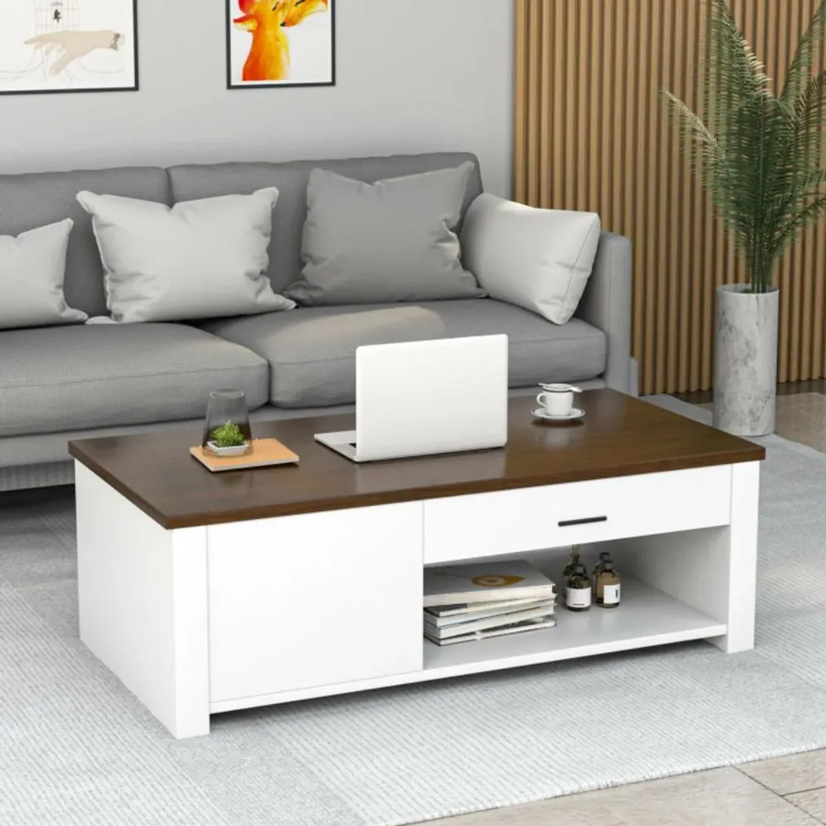 Hivvago Modern Coffee Table with Front Back Drawers and Compartments for Living Room