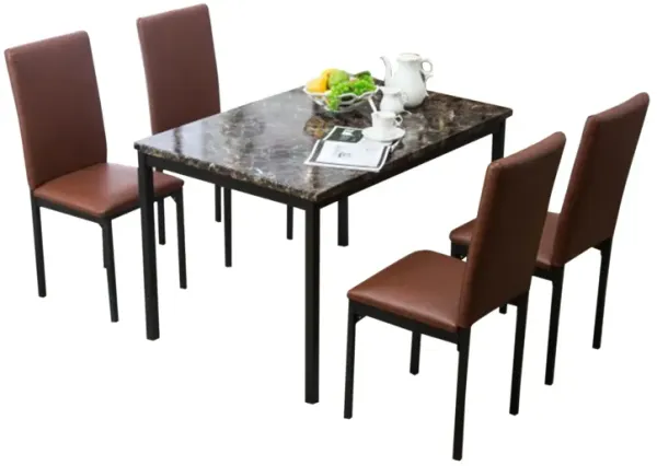 Joe 5 Piece Dining Set, Vegan Faux Leather Chairs, Faux Marble Tabletop, Black - Benzara