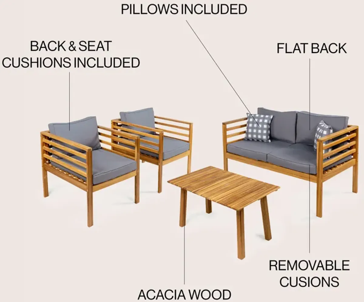 Thom 4-Piece Mid-Century Modern Acacia Wood Outdoor Patio Set with Cushions and Plaid Decorative Pillows