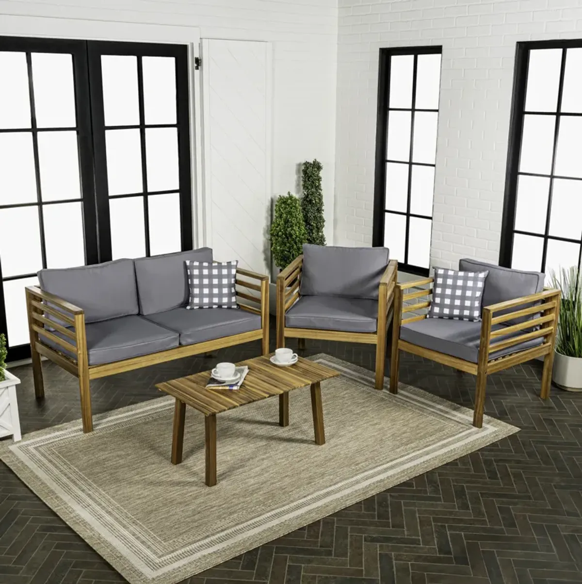 Thom 4-Piece Mid-Century Modern Acacia Wood Outdoor Patio Set with Cushions and Plaid Decorative Pillows