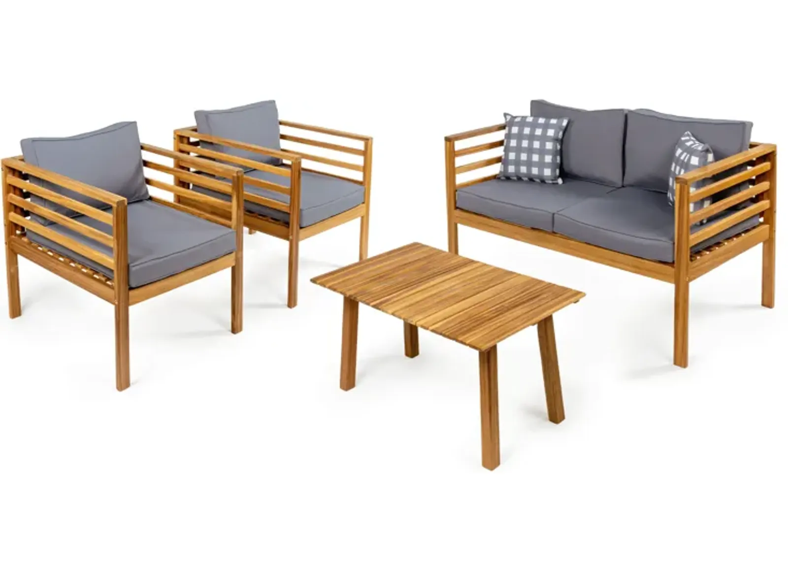 Thom 4-Piece Mid-Century Modern Acacia Wood Outdoor Patio Set with Cushions and Plaid Decorative Pillows