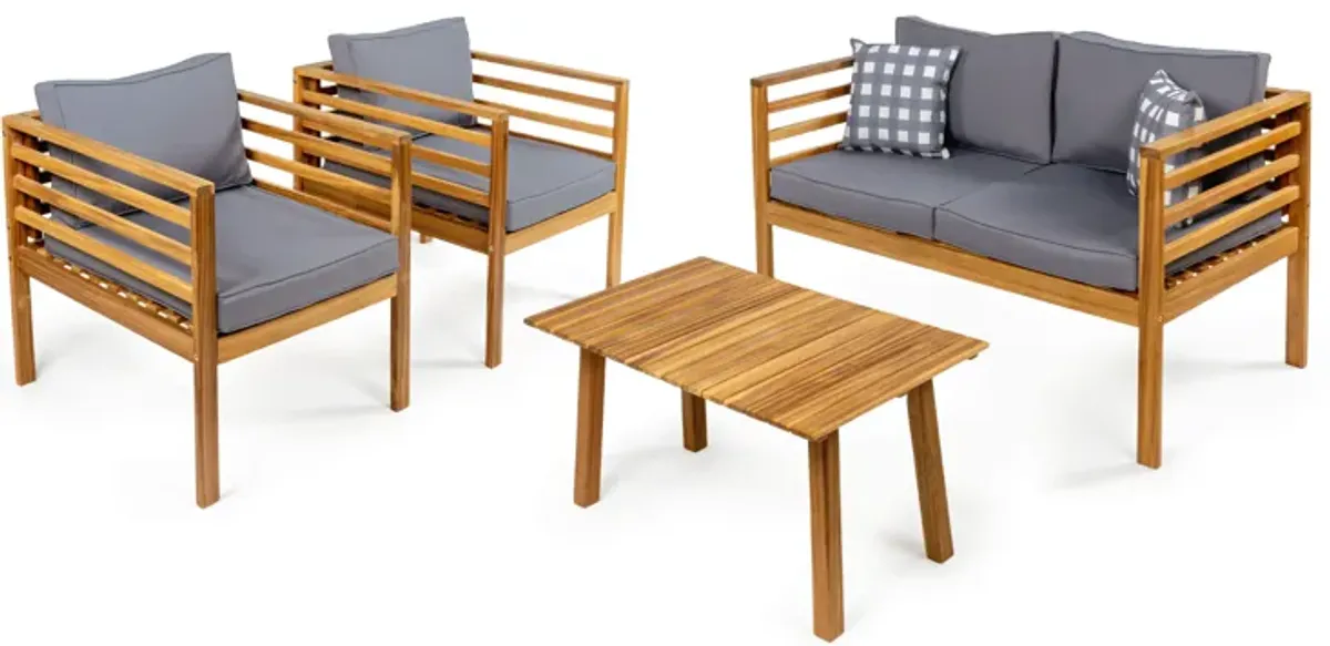 Thom 4-Piece Mid-Century Modern Acacia Wood Outdoor Patio Set with Cushions and Plaid Decorative Pillows