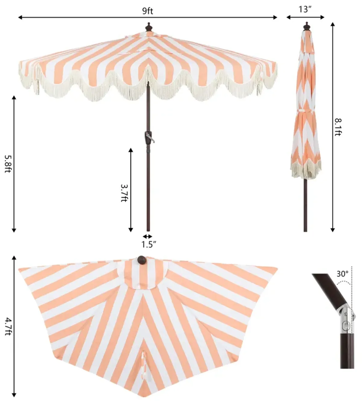 Beverly Designer Classic Scalloped Fringe Half Market Patio Umbrella with Crank, Push Button Tilt and UV Protection