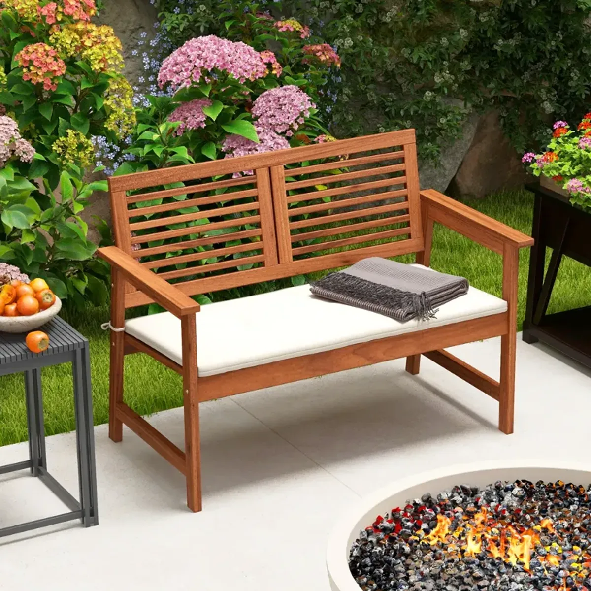 2-Person Solid Wood Patio Bench with Backrest and Cushion