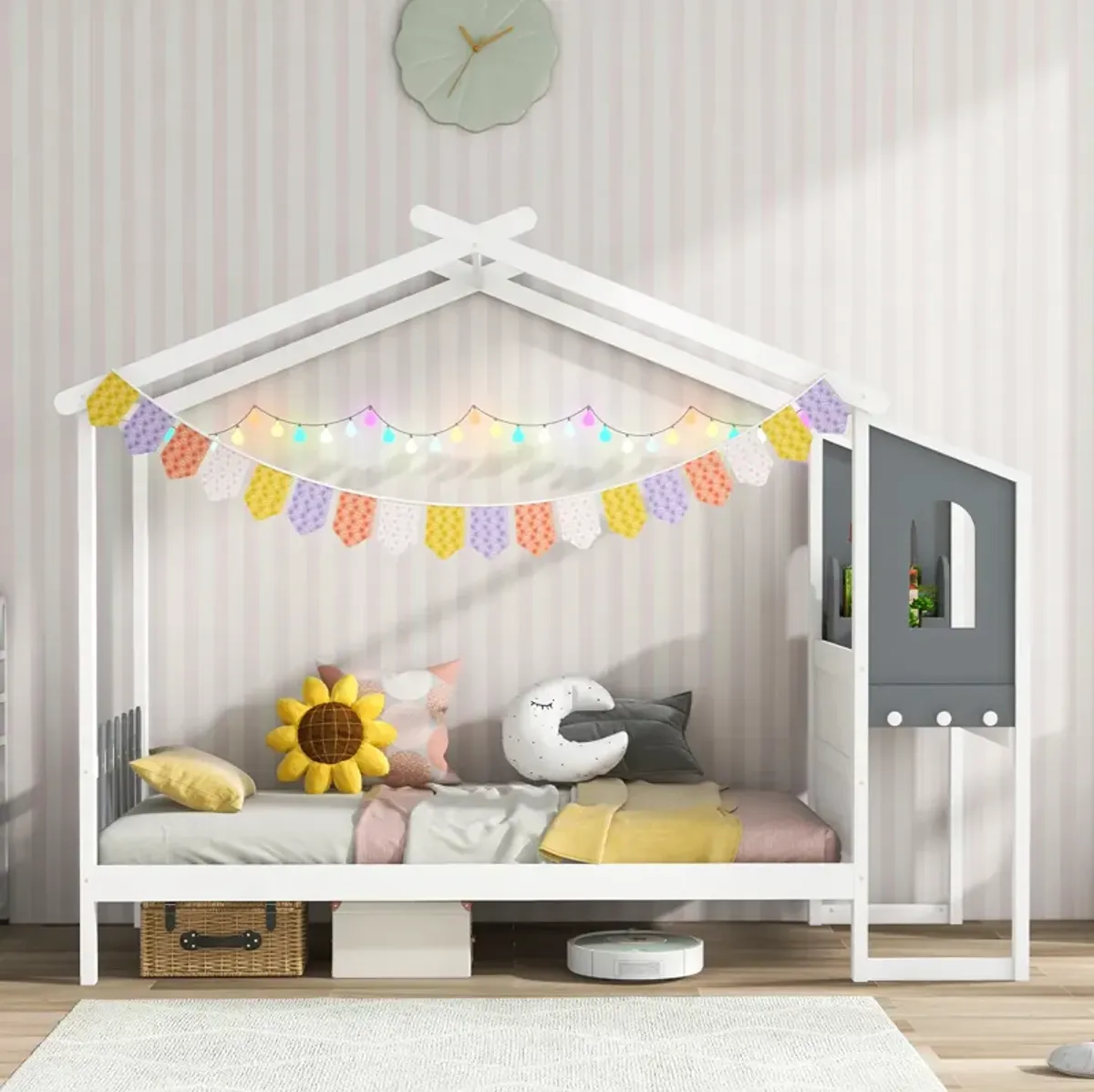 Kids Bed Frame with House Roof Canopy and Fence – Playful and Cozy Design