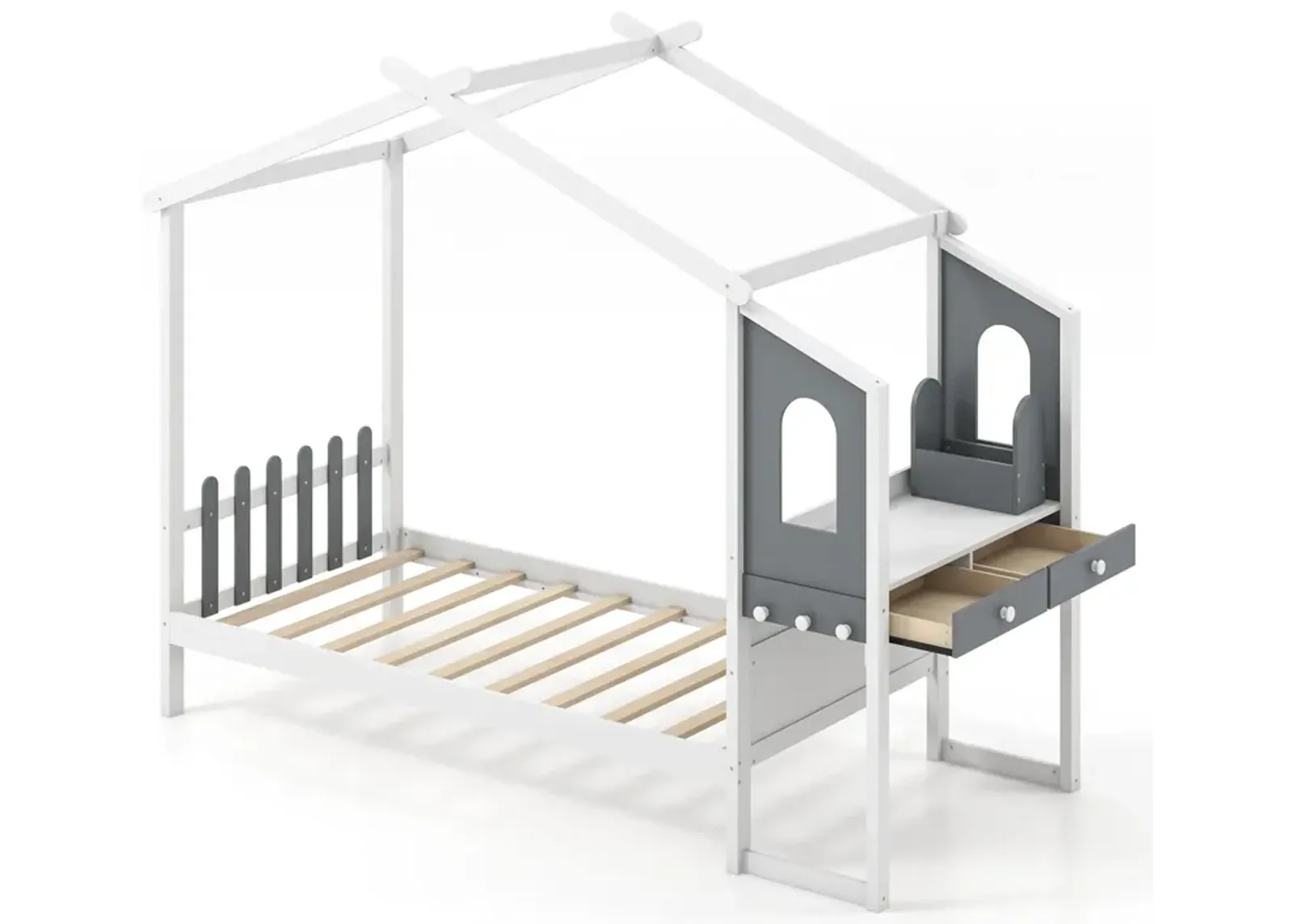 Kids Bed Frame with House Roof Canopy and Fence – Playful and Cozy Design