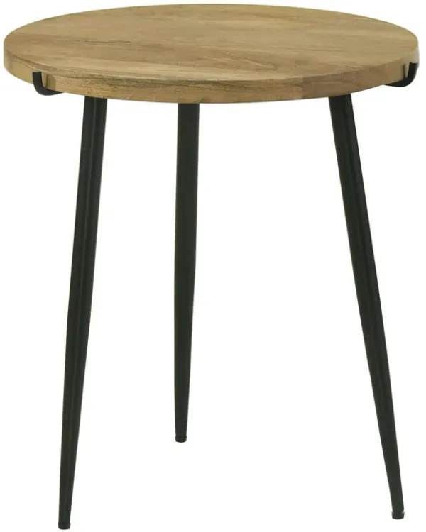 Benjara Pia 20 Inch Side End Table, Mango Wood Top, Round, Iron Tripod Legs, Brown, Black